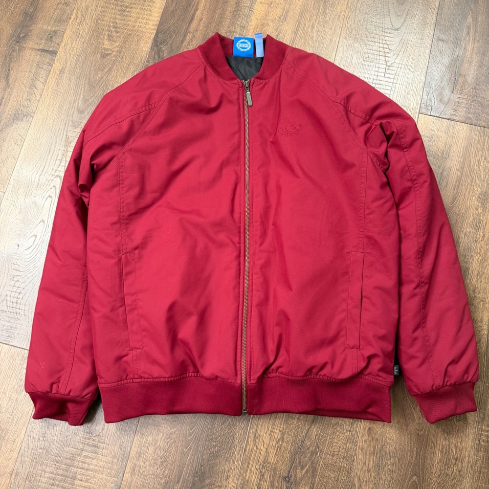 adidas Originals Men's L Red Nylon Bomber Jacket Trefoil Back Logo